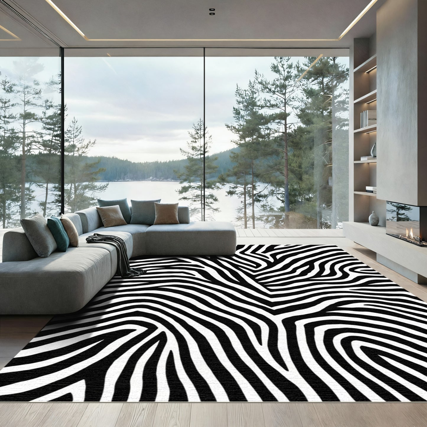 Bold Black White Animal Print Lines Rug