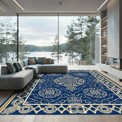 Navy Blue Golden Filigree Medallion Rug