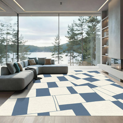 Blue Cream Abstract Block Rectangles Rug