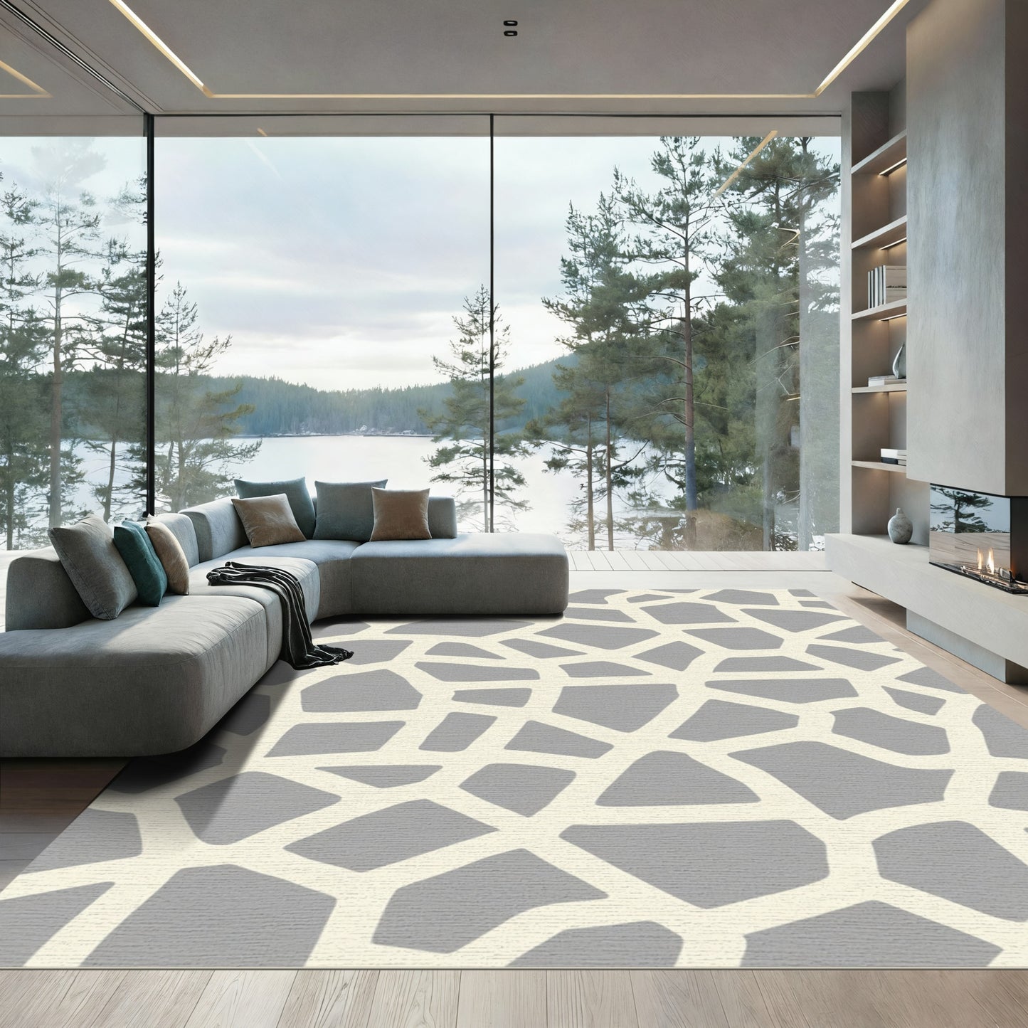 Gray Cream Cracked Organic Abstract Rug