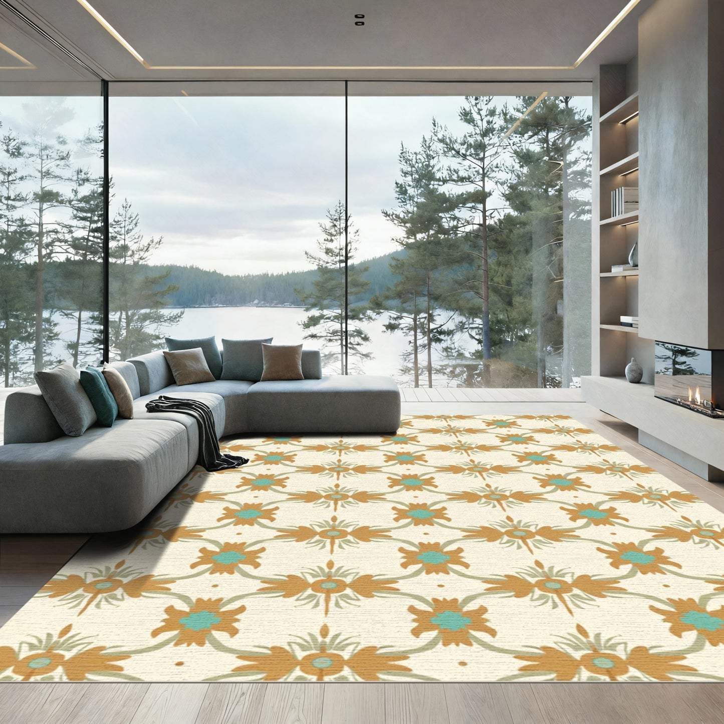 Golden Teal Floral Lattice Rug