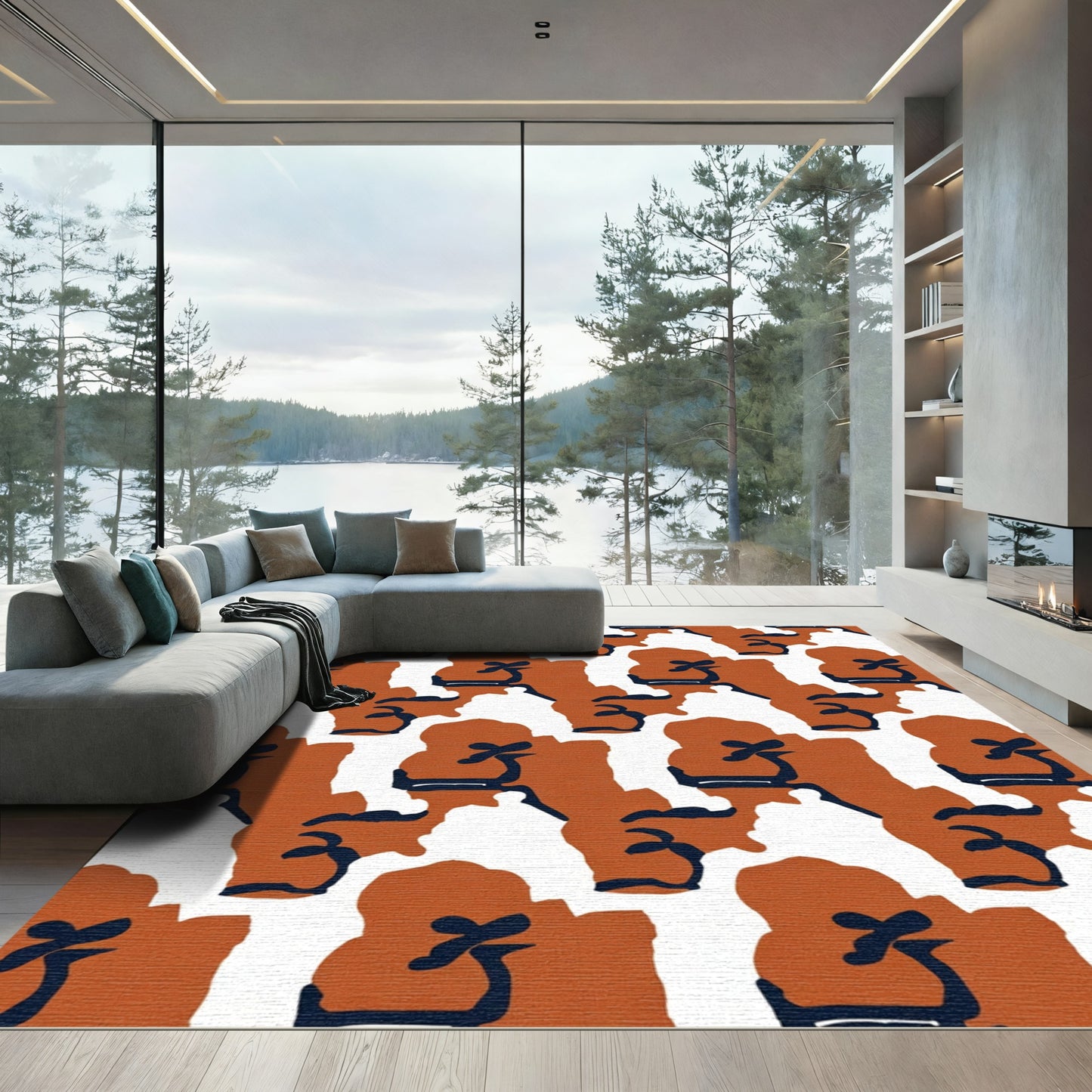 Terracotta White Abstract Brushstroke Cluster Rug
