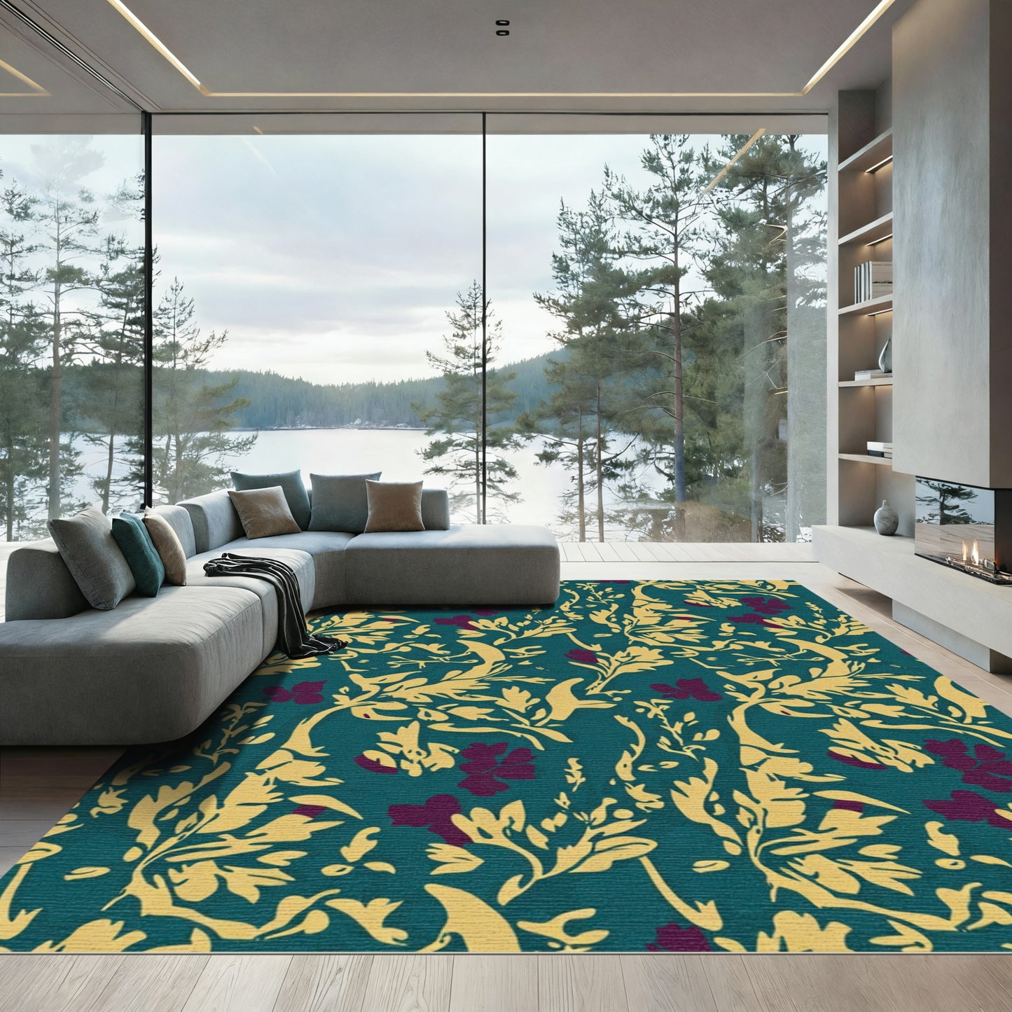 Teal Gold Plum Foliage Floral Rug