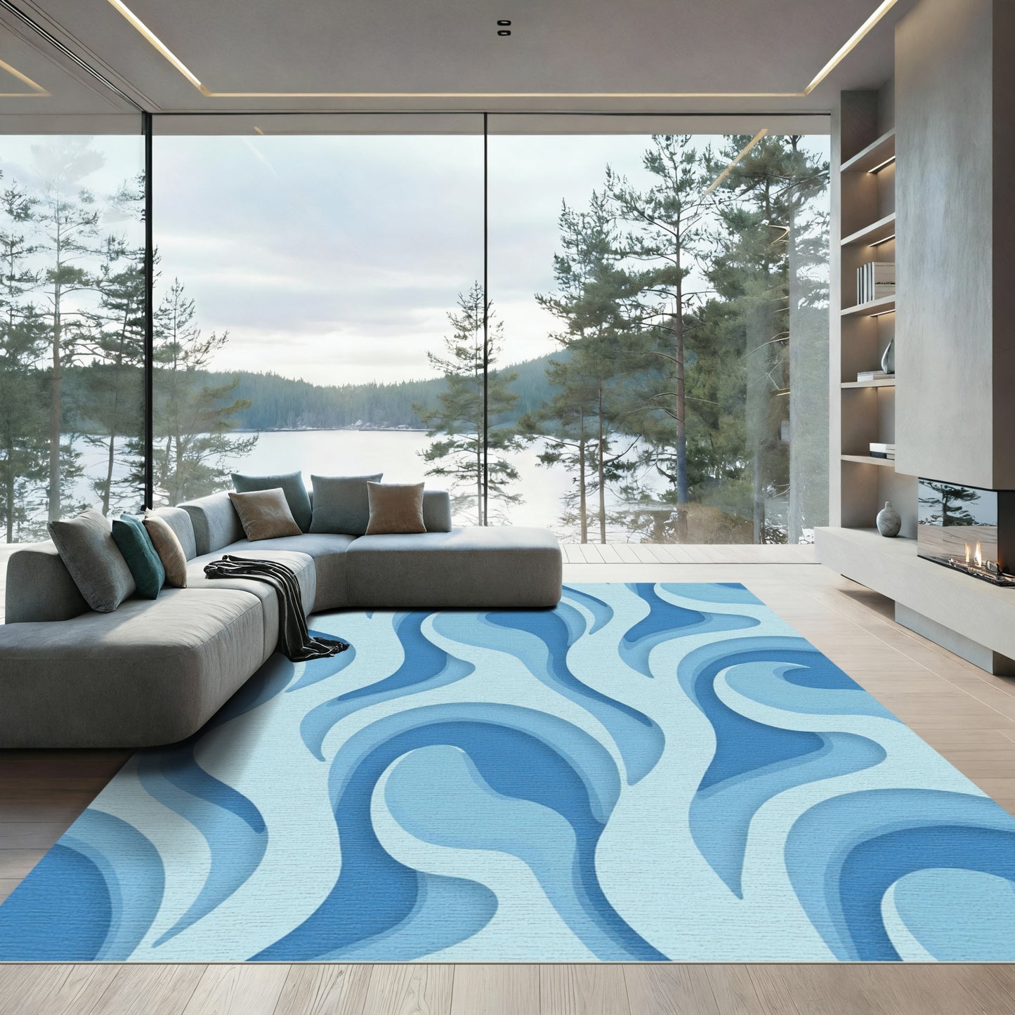Abstract Blue Layered Wave Rug