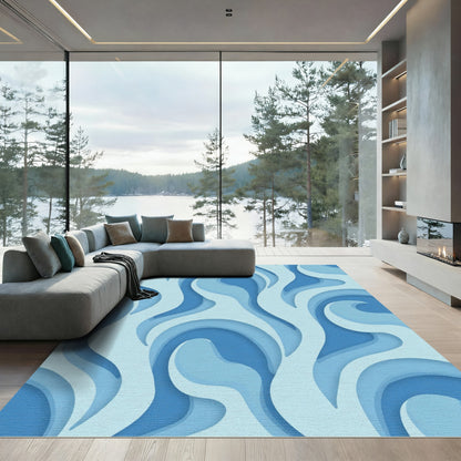 Abstract Blue Layered Wave Rug