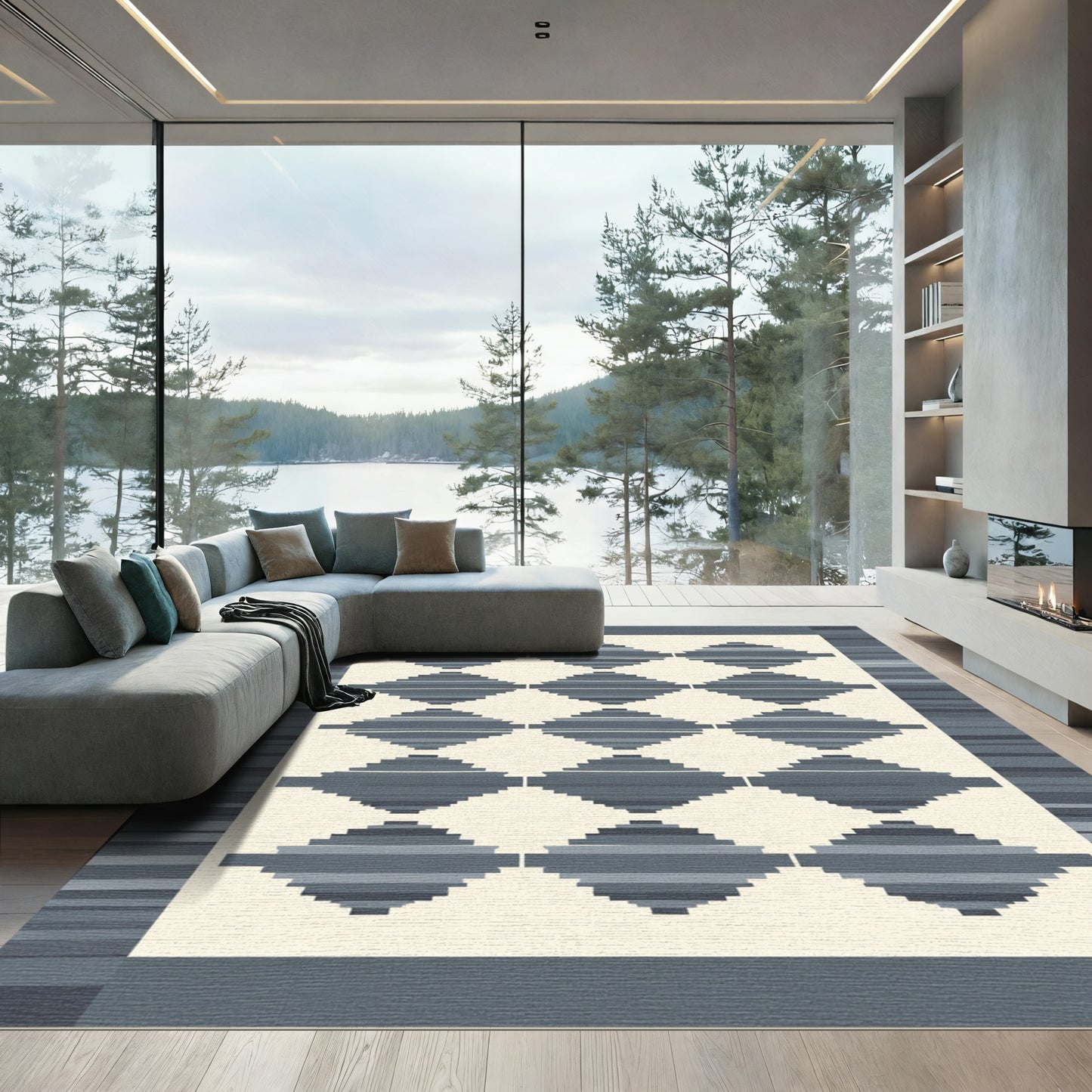 Gray Diamond Border Striped Rug