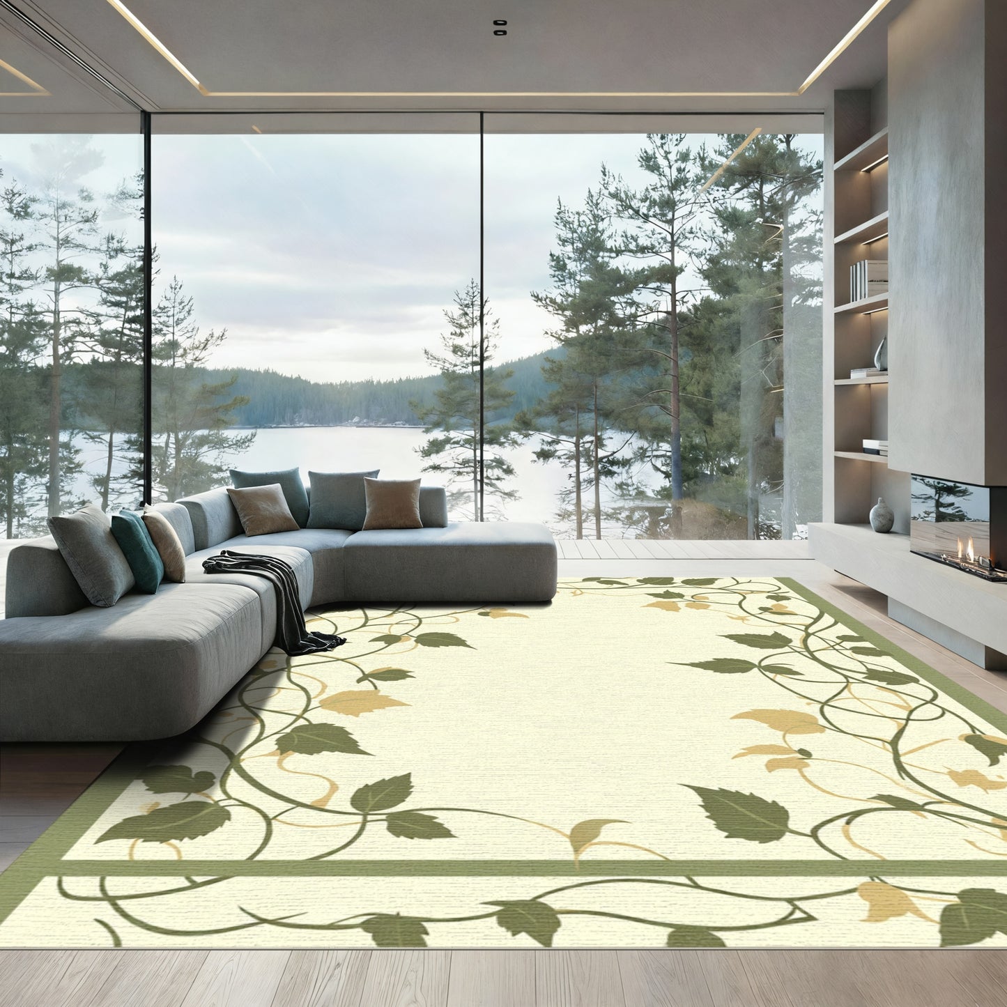 Serene Olive Vine Border Rug