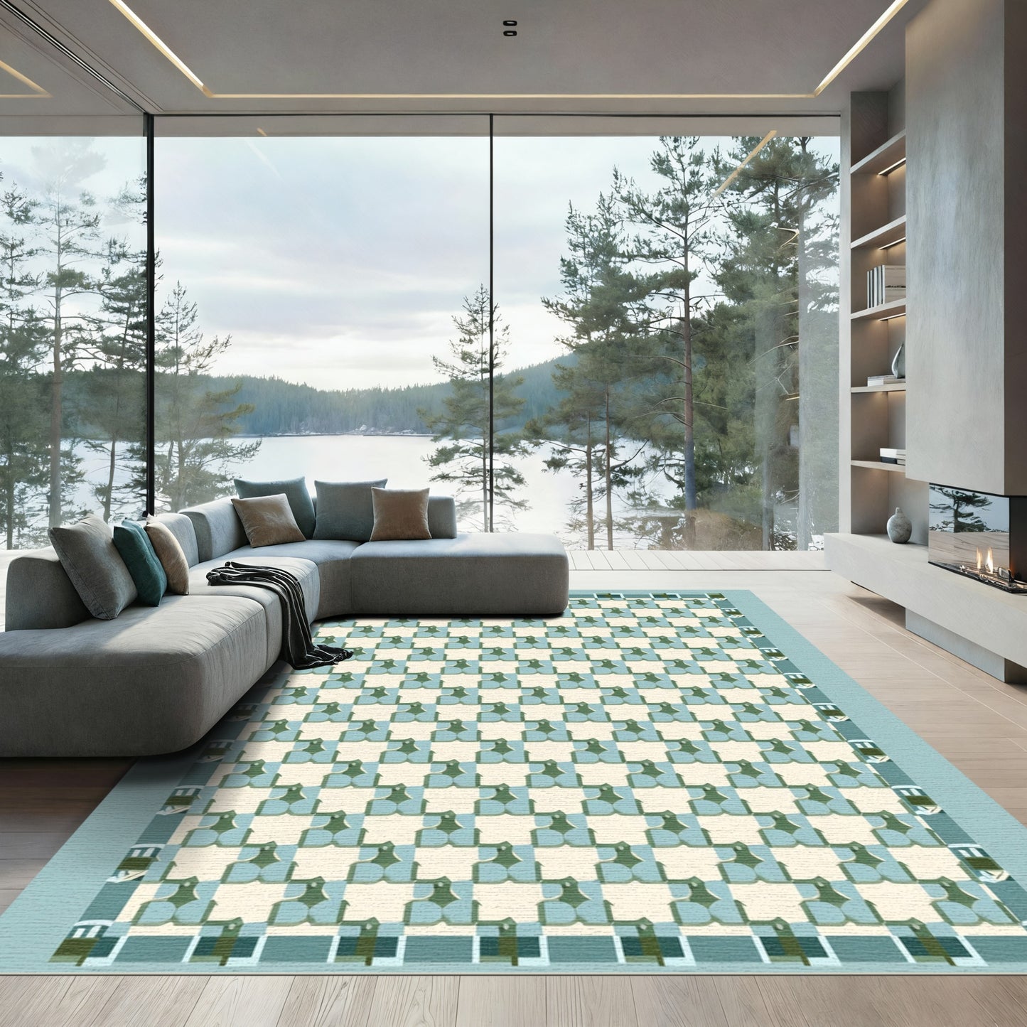 Geometric Cream Teal Interlocking Squares Rug