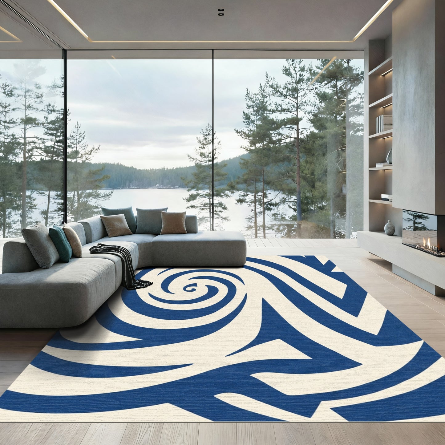Deep Blue Swirl Abstract Rug