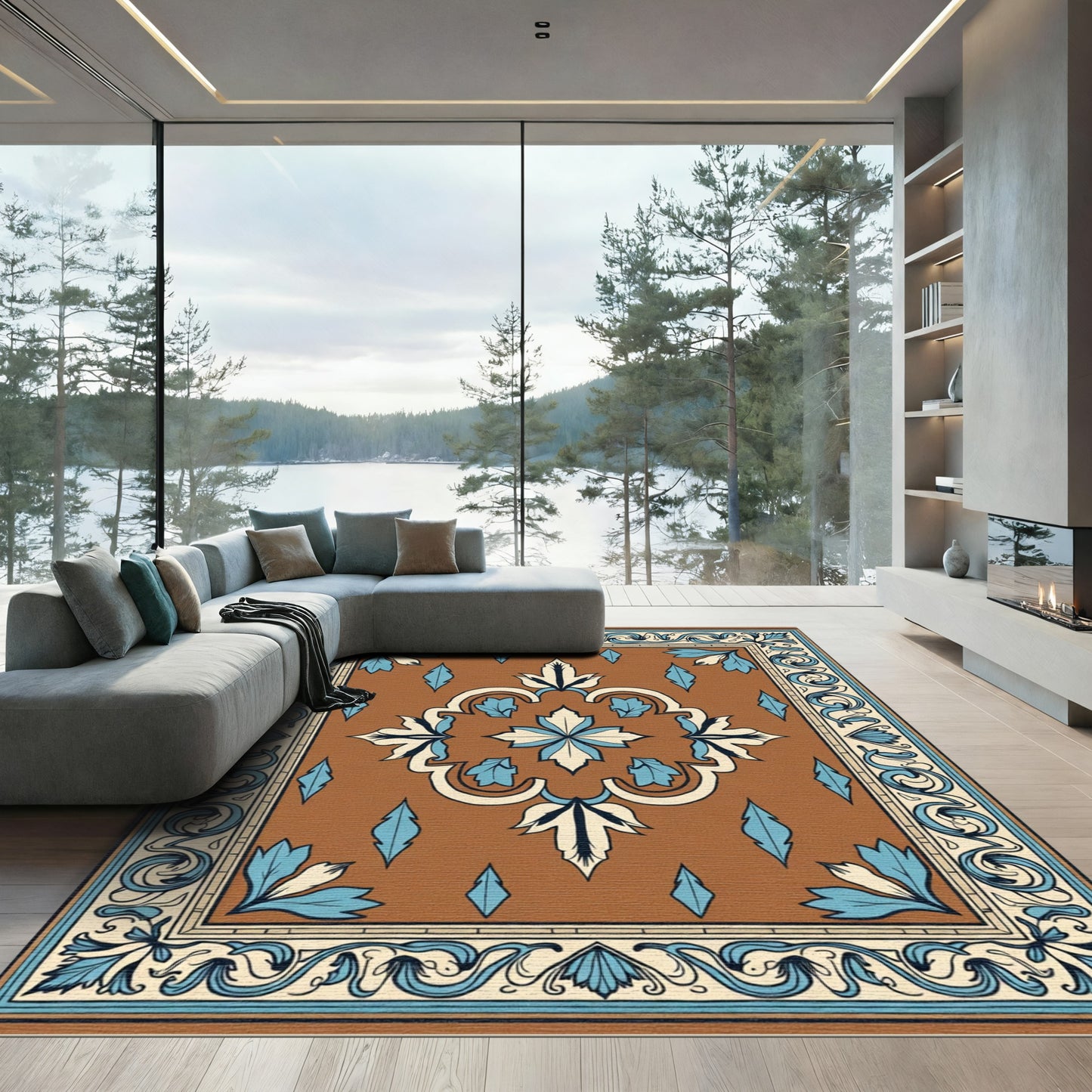 Brown Blue Ivory Floral Medallion Border Rug