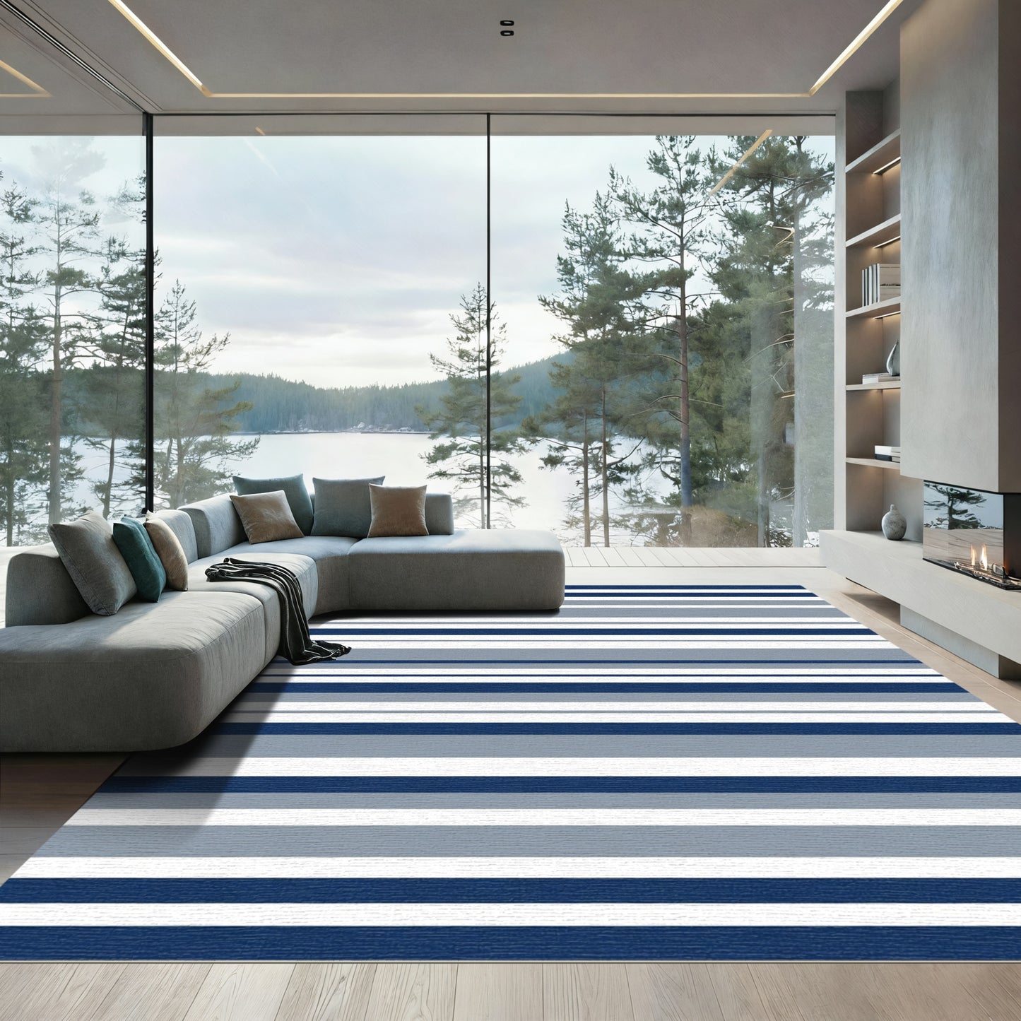 Classic Navy Gray White Stripes Rug