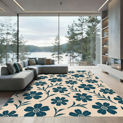 Teal Floral Vine on Cream Rug