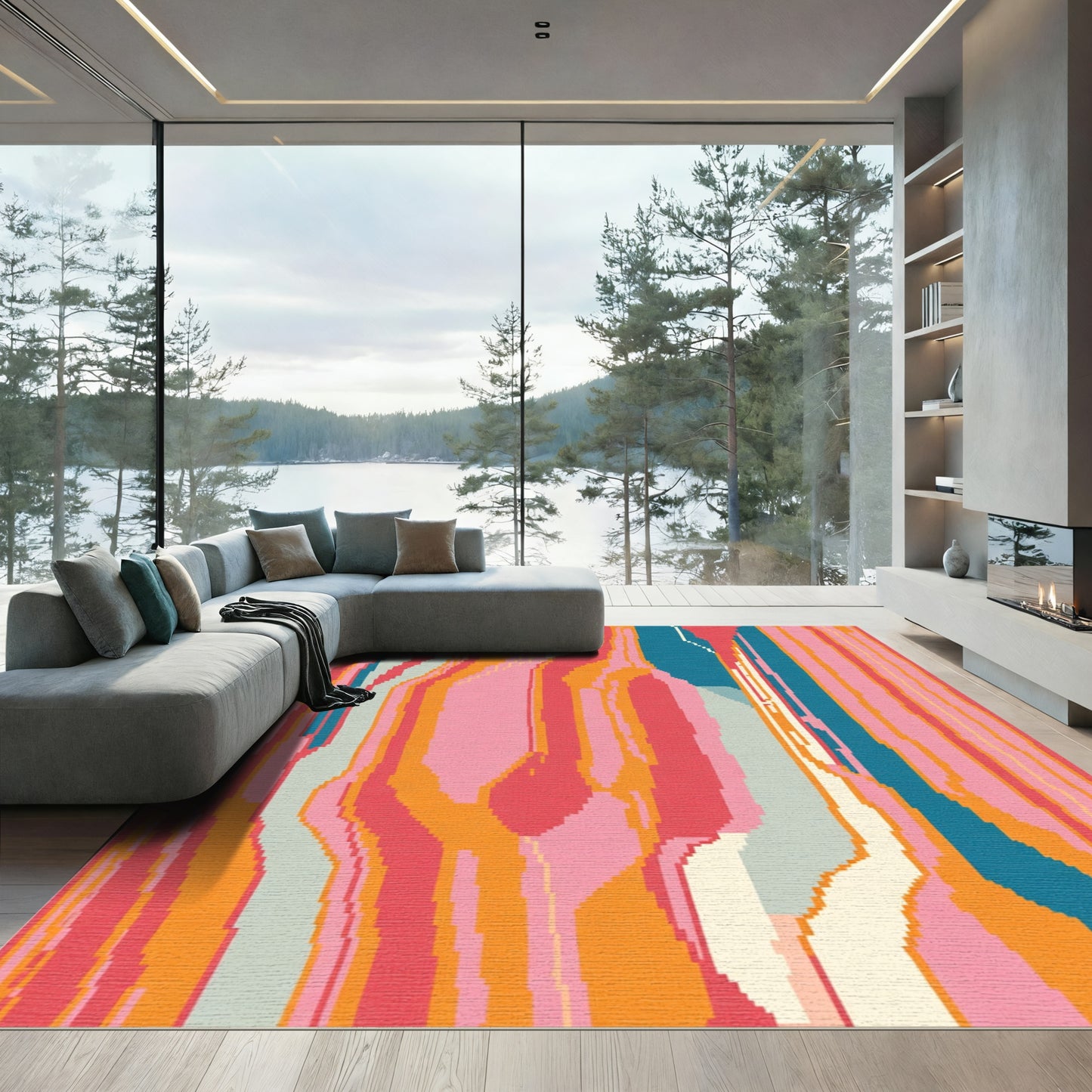 Abstract Pink Orange Teal Strokes Rug
