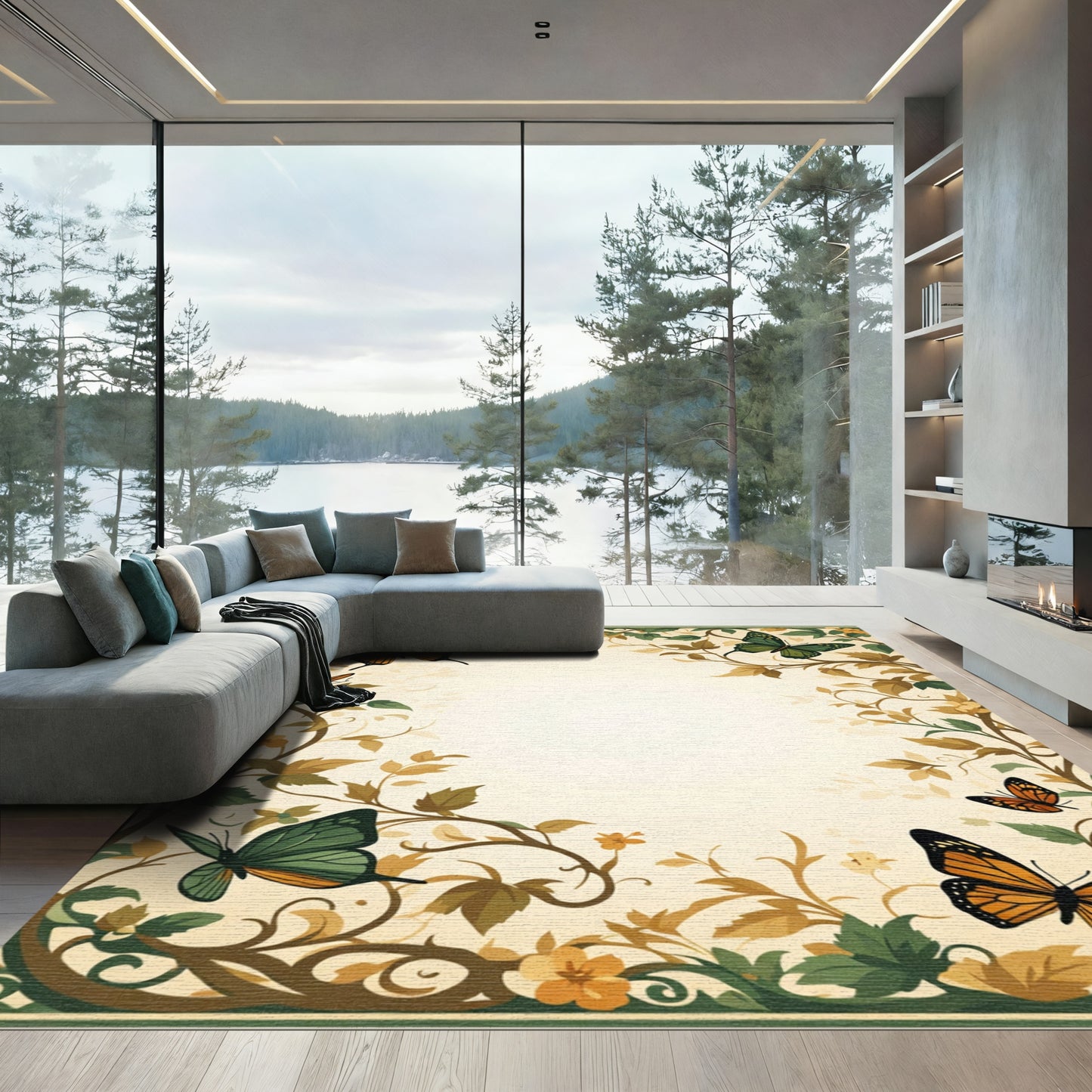 Orange Green Butterfly Floral Border Rug