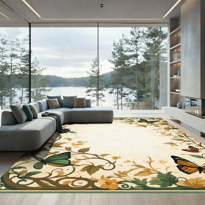 Orange Green Butterfly Floral Border Rug