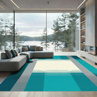 Teal Gray Ivory Geometric Stripe Rectangles Rug