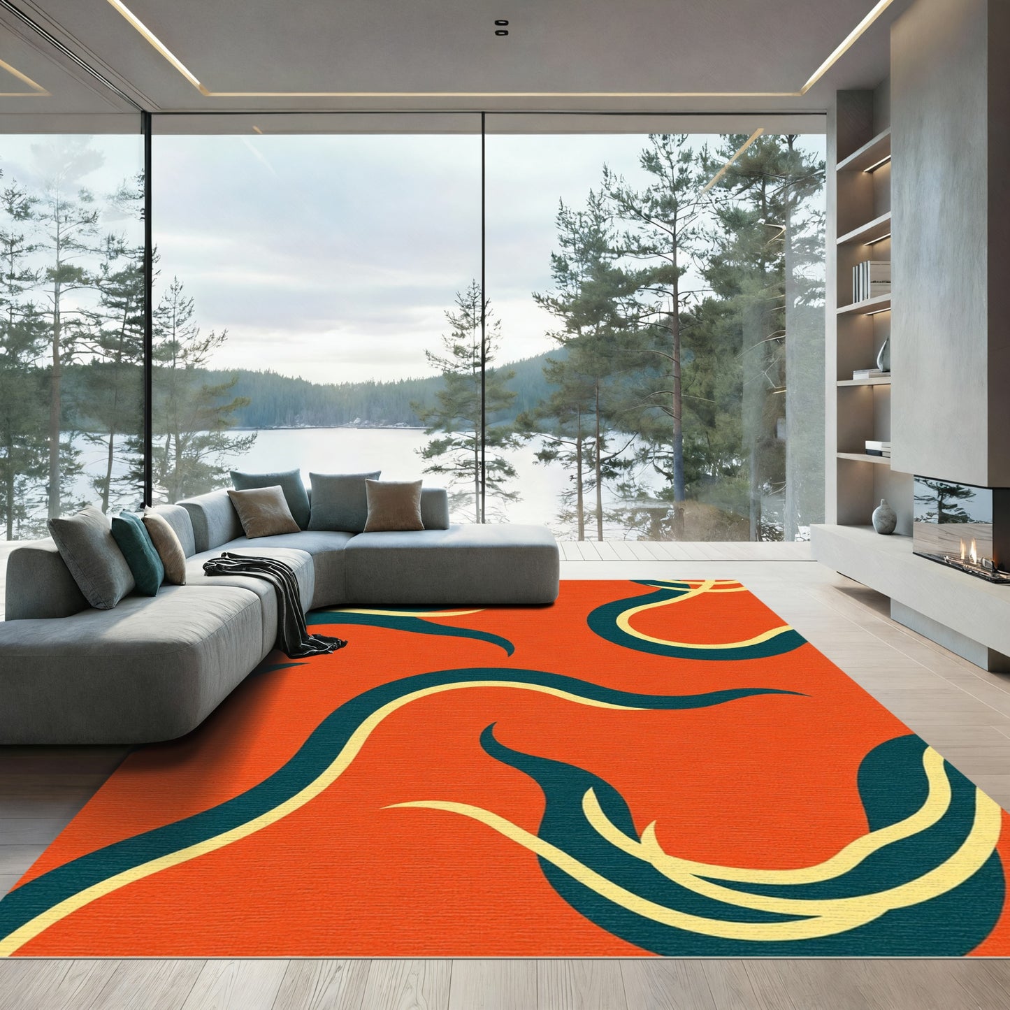 Bold Orange Teal Swirl Abstract Rug