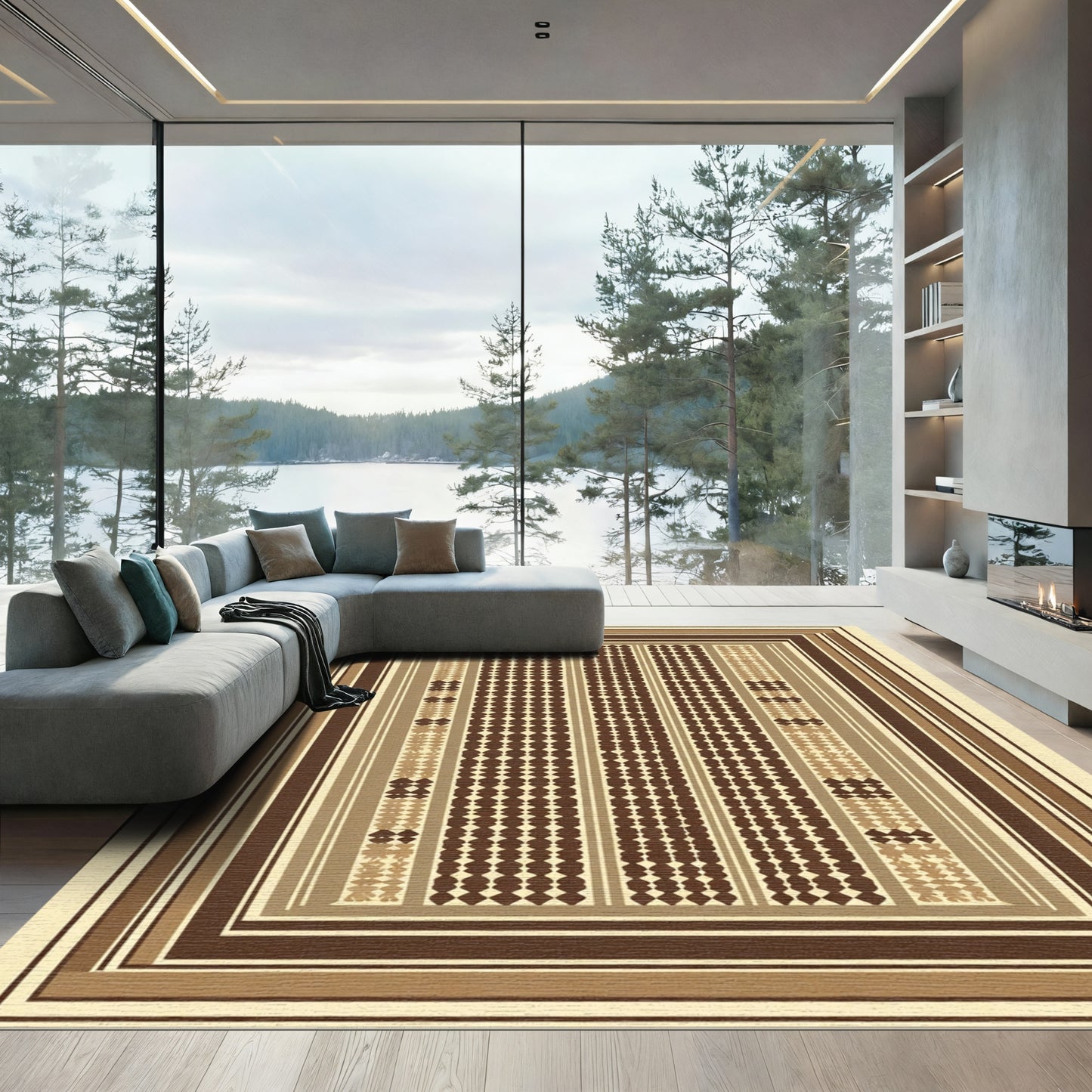 Earthy Brown Textured Geometric Squares Rug
