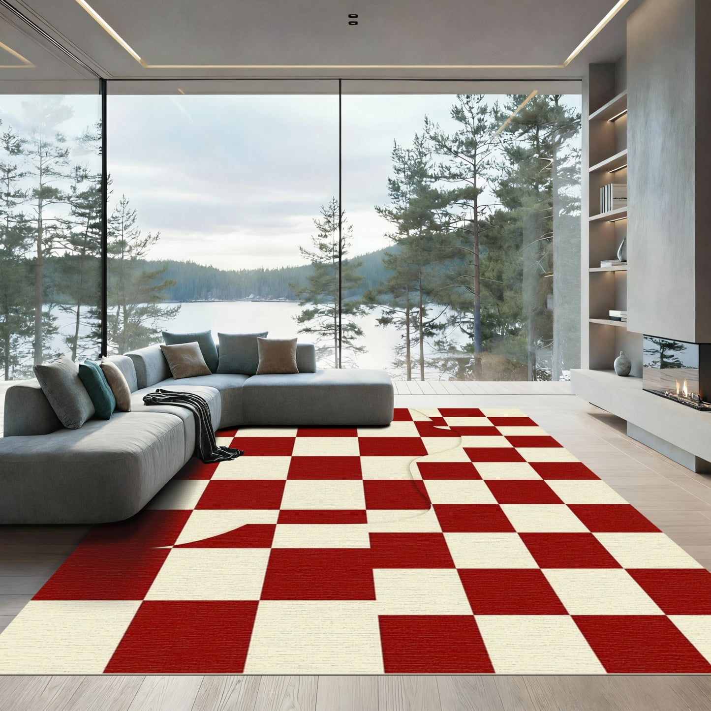 Red Cream Checkered Geometric Overlay Rug