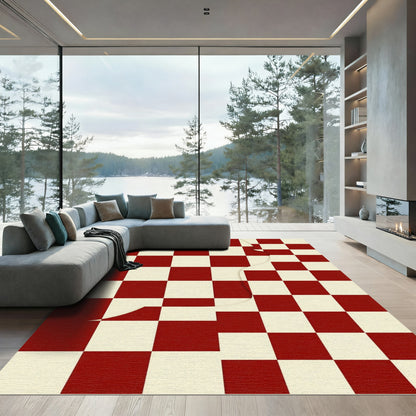 Red Cream Checkered Geometric Overlay Rug