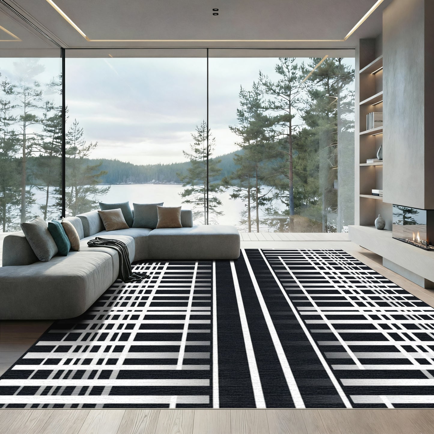 Abstract Black White Geometric Lattice Rug