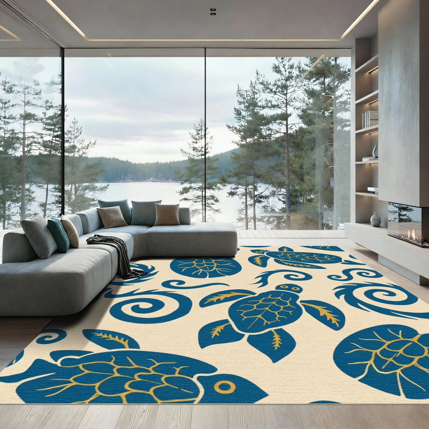 Blue Gold Sea Turtle Waves Rug