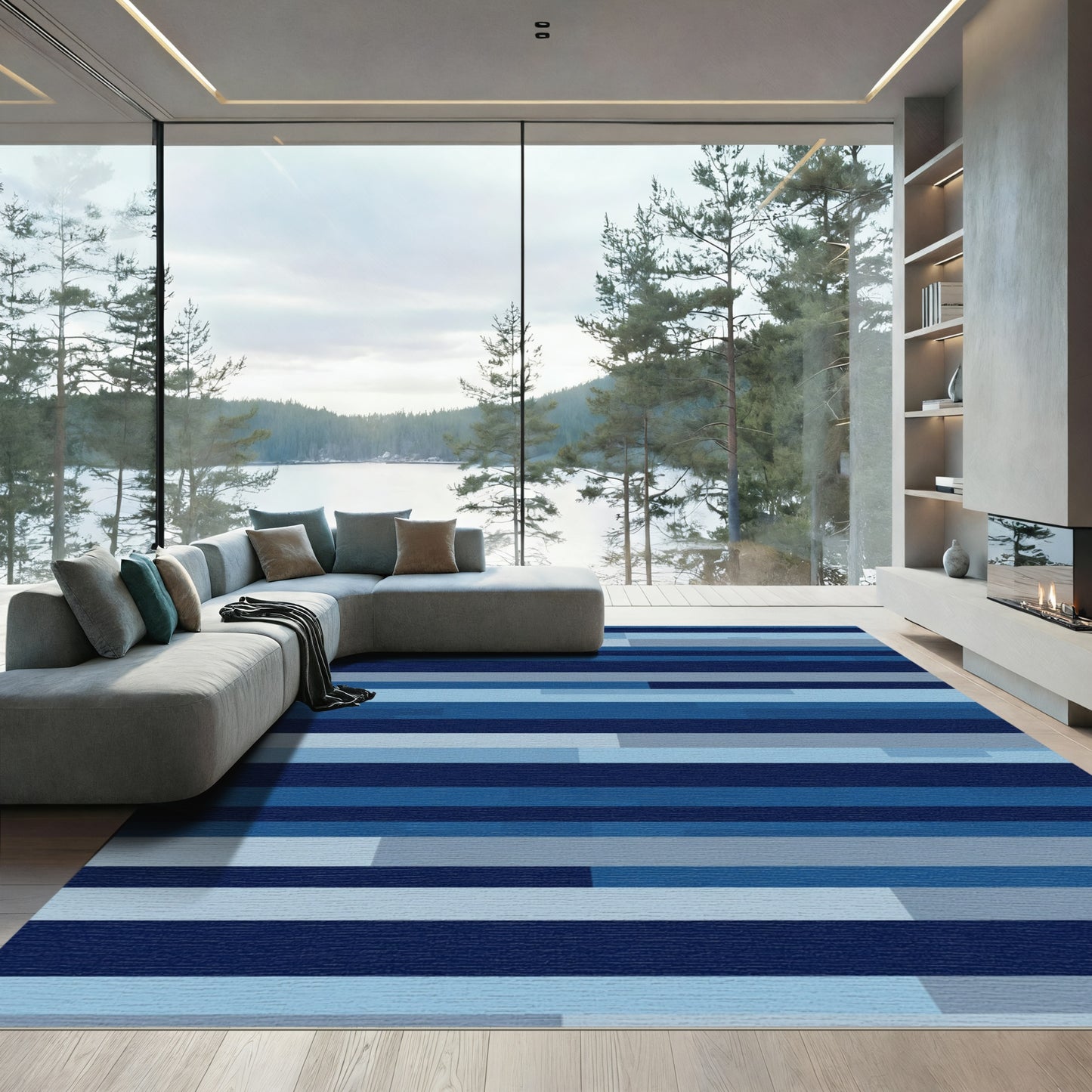 Midnight Blue Gradient Horizontal Lines Rug