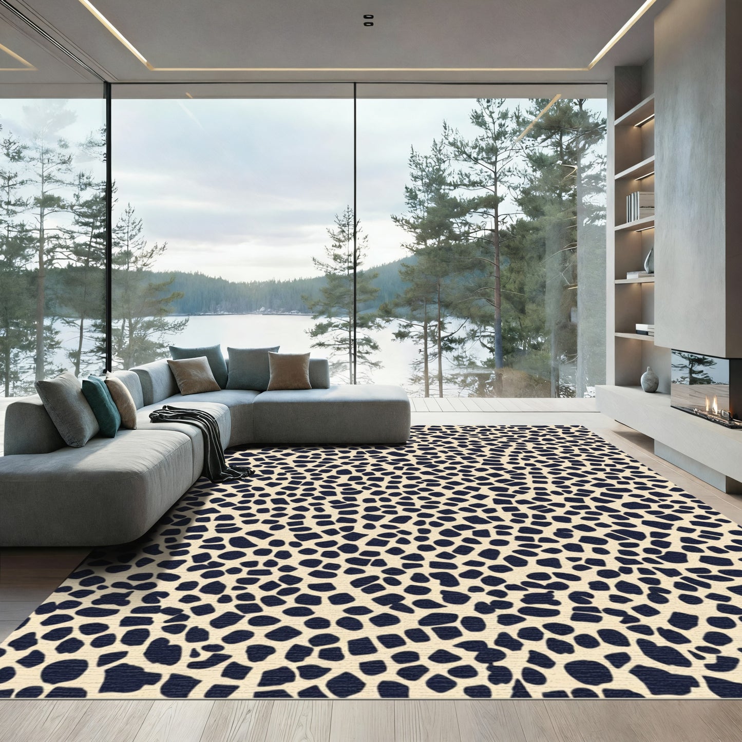 Navy Organic Shape Cream Field Rug