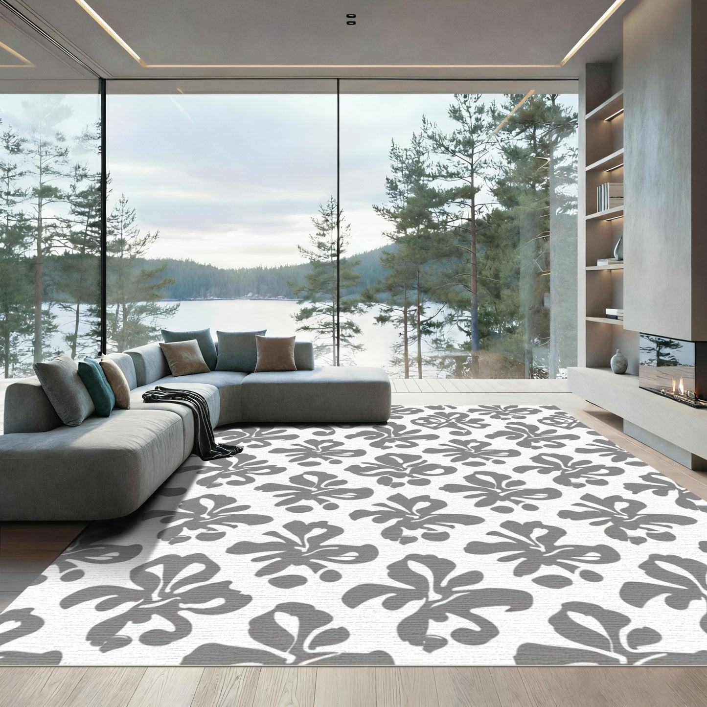 Gray Floral Scroll Art Rug