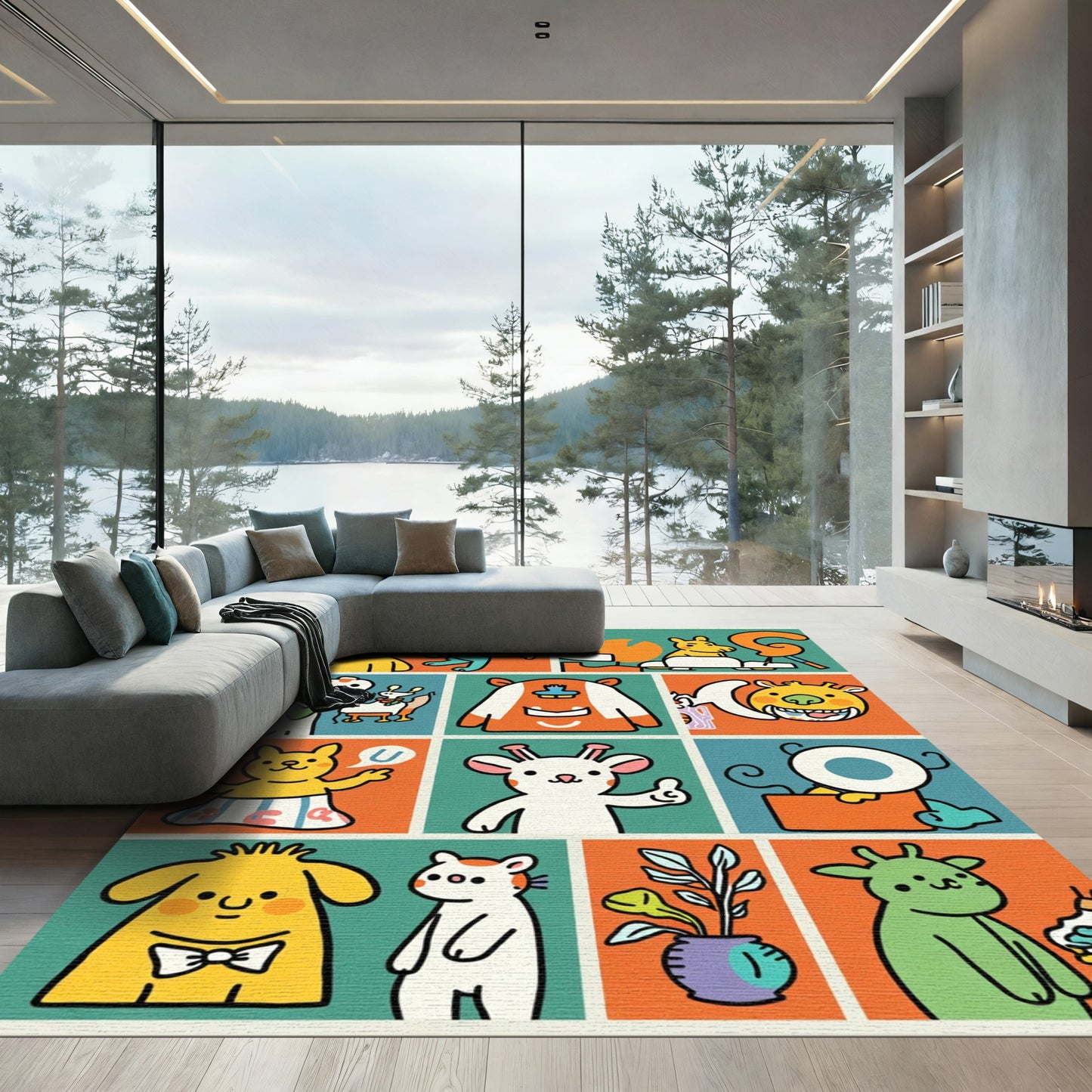 Playful Whimsical Cartoon Creature Collage Rug