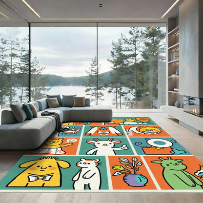 Playful Whimsical Cartoon Creature Collage Rug