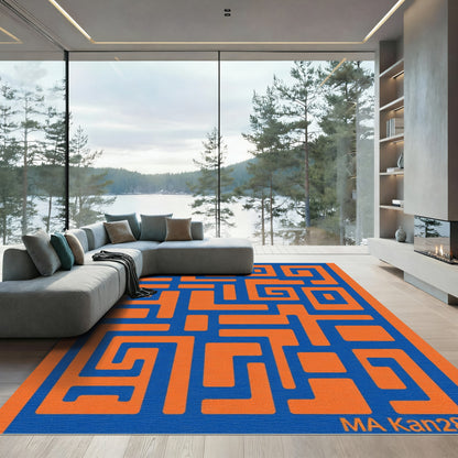 Bold Blue Orange Maze Geometric Rug