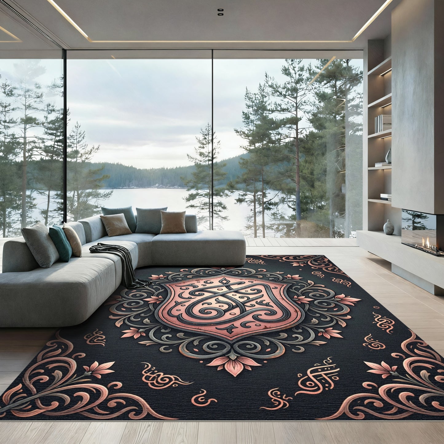 Ornate Rose Gold Floral Crest Rug