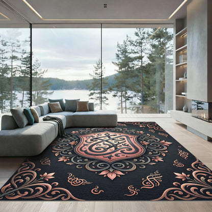 Ornate Rose Gold Floral Crest Rug
