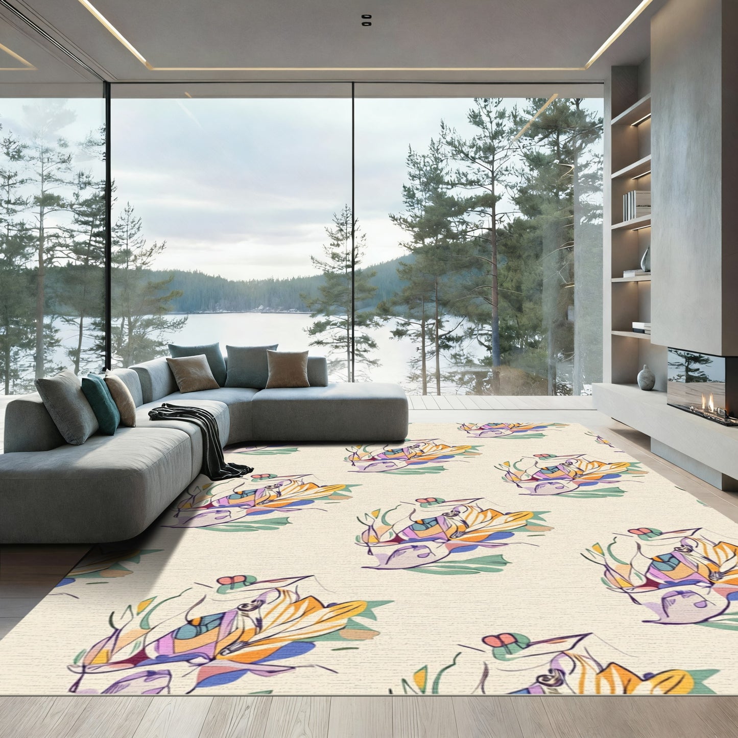 Abstract Butterfly And Floral Composition Rug