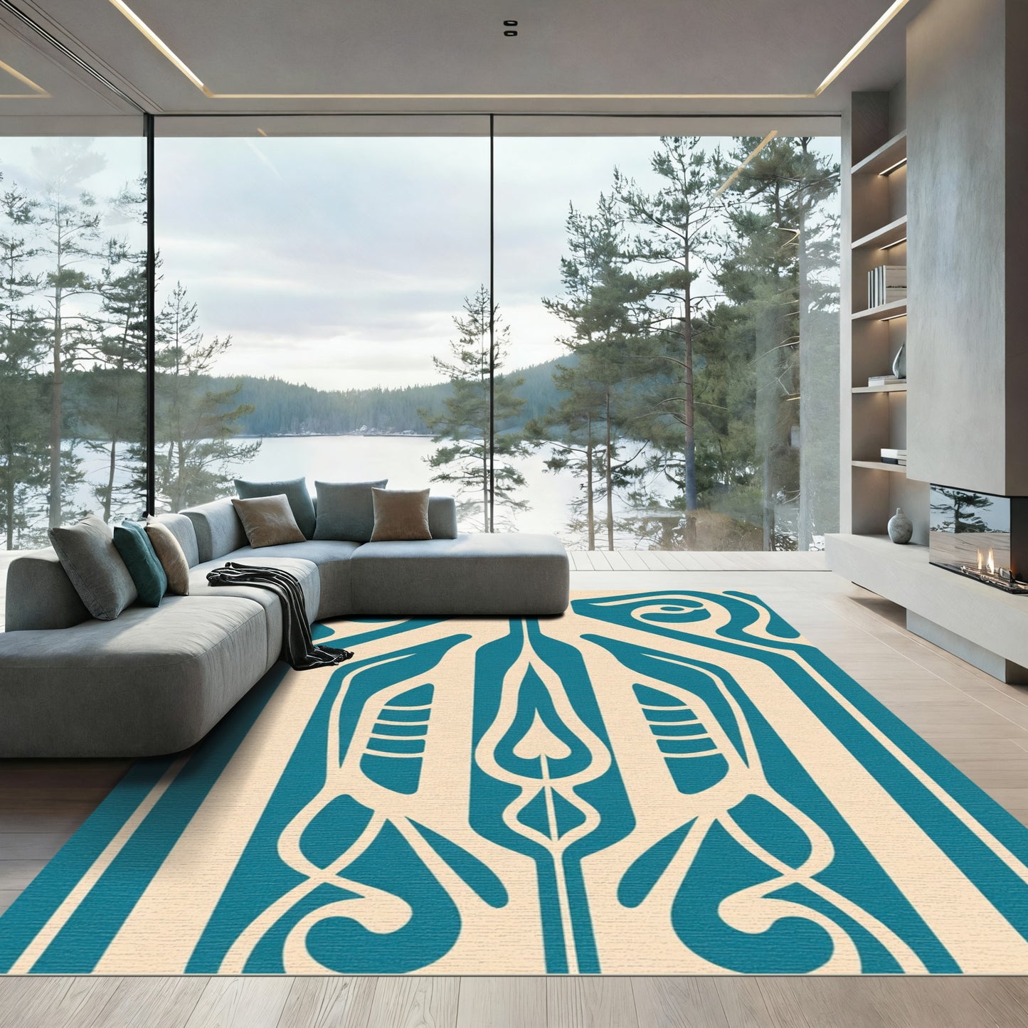 Teal cream organic art nouveau flow Rug