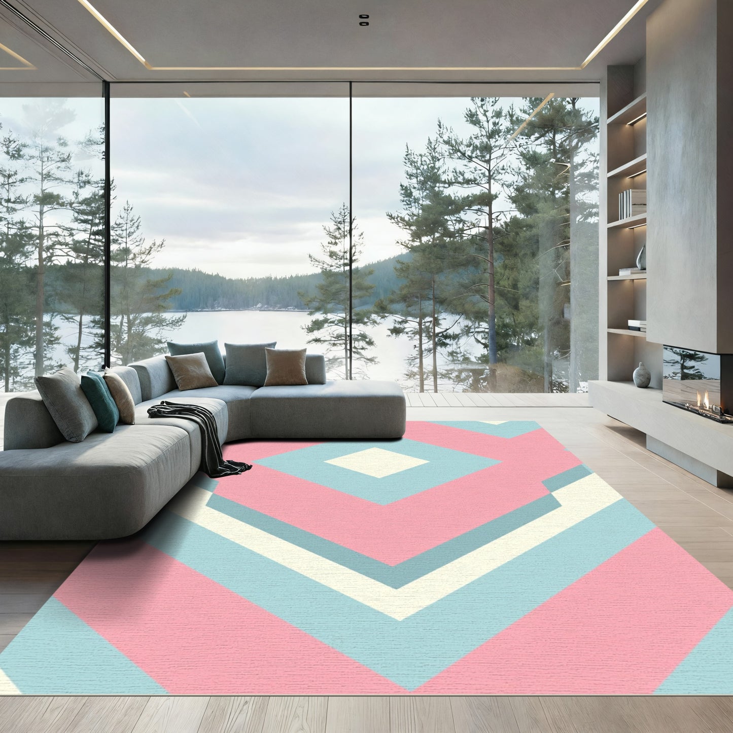 Pastel Pink Blue Geometric Diamond Overlap Rug