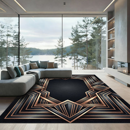Art Deco Black Geometric Gold Frame Rug