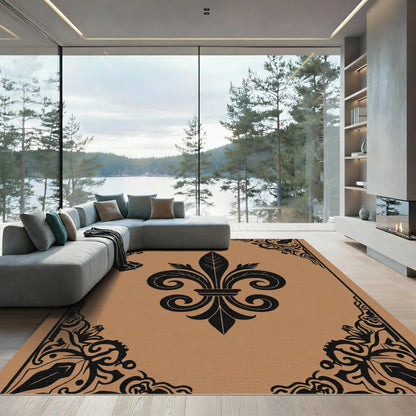 Royal Black Fleur De Lis Tan Frame Rug
