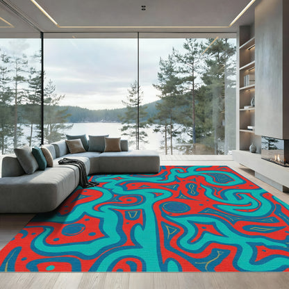 Crimson Teal Abstract Maze Rug
