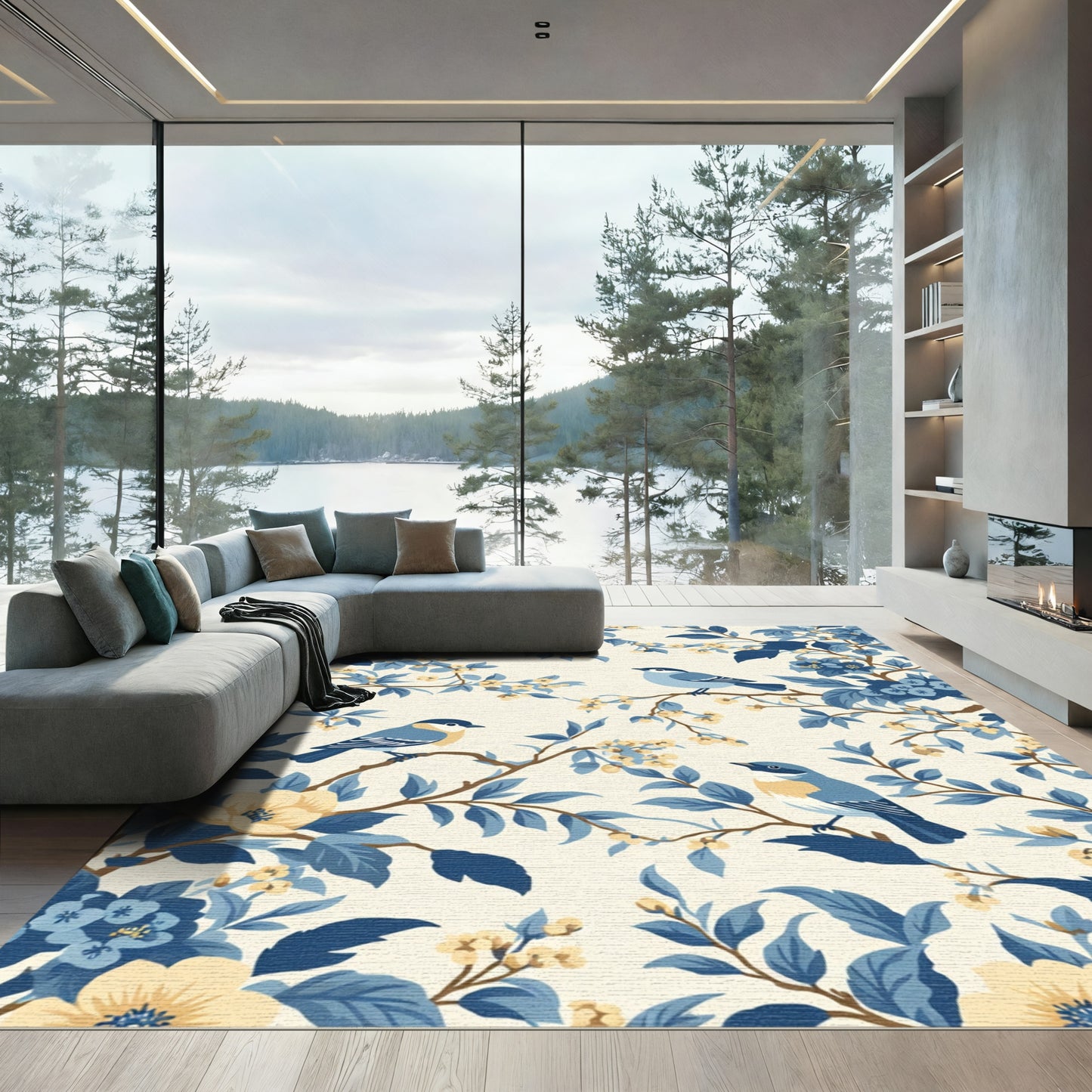 Blue Birds And Yellow Floral Branches Rug