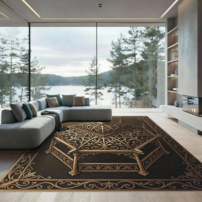 Ornate Gold Gazebo Scrollwork Frame Rug