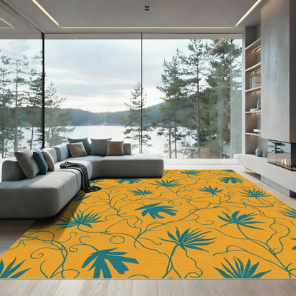 Teal Tropical Palm Leaf Vine Rug
