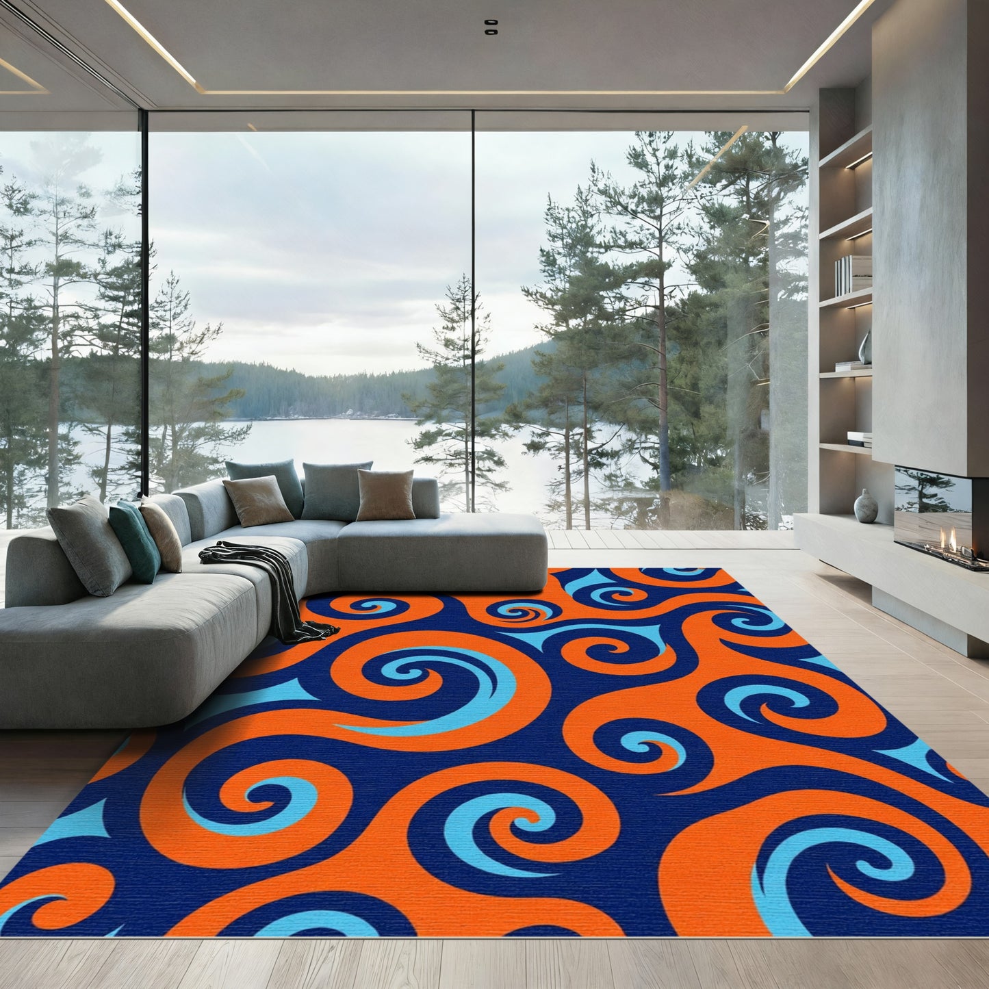 Bold Orange Blue Swirl Rug
