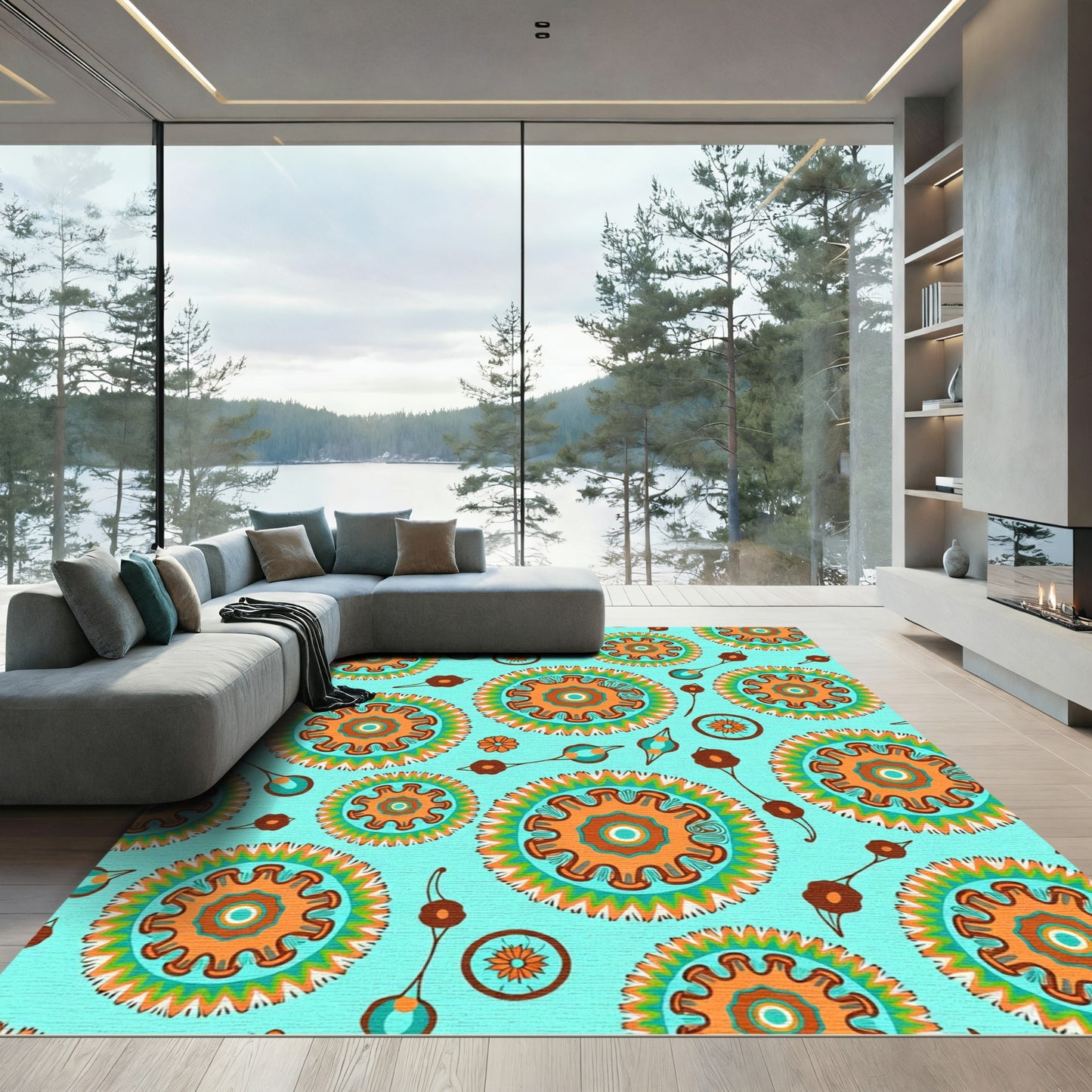 Bright Turquoise Orange Sunburst Mandala Rug