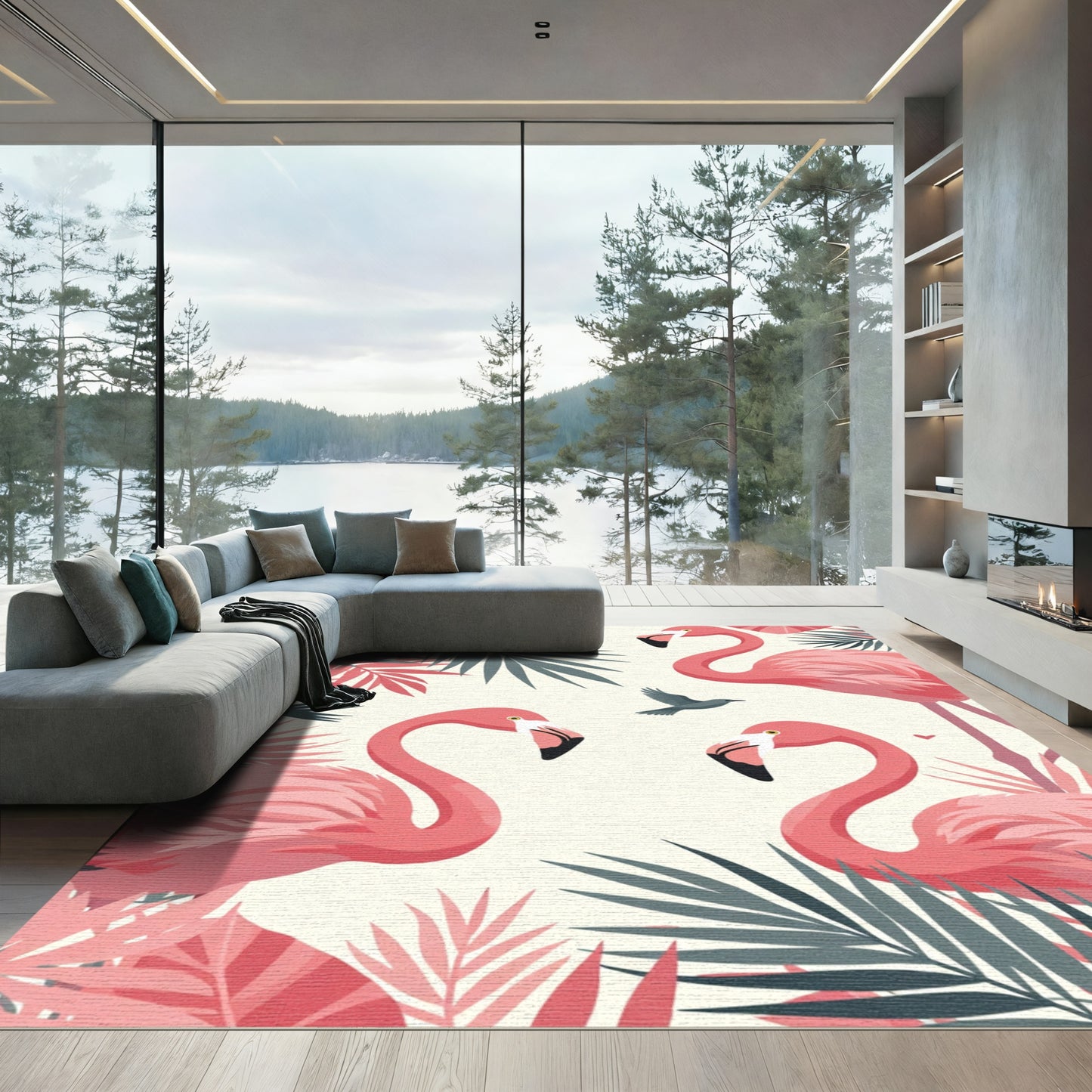 Pink Flamingo Tropical Palm Leaves Rug