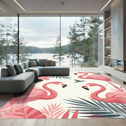 Pink Flamingo Tropical Palm Leaves Rug