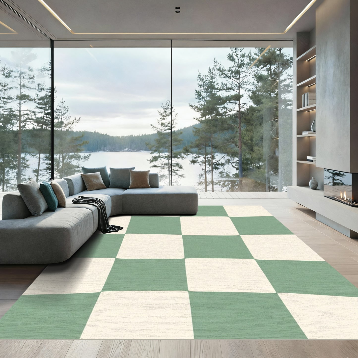 Sage Cream Checkered Grid Rug