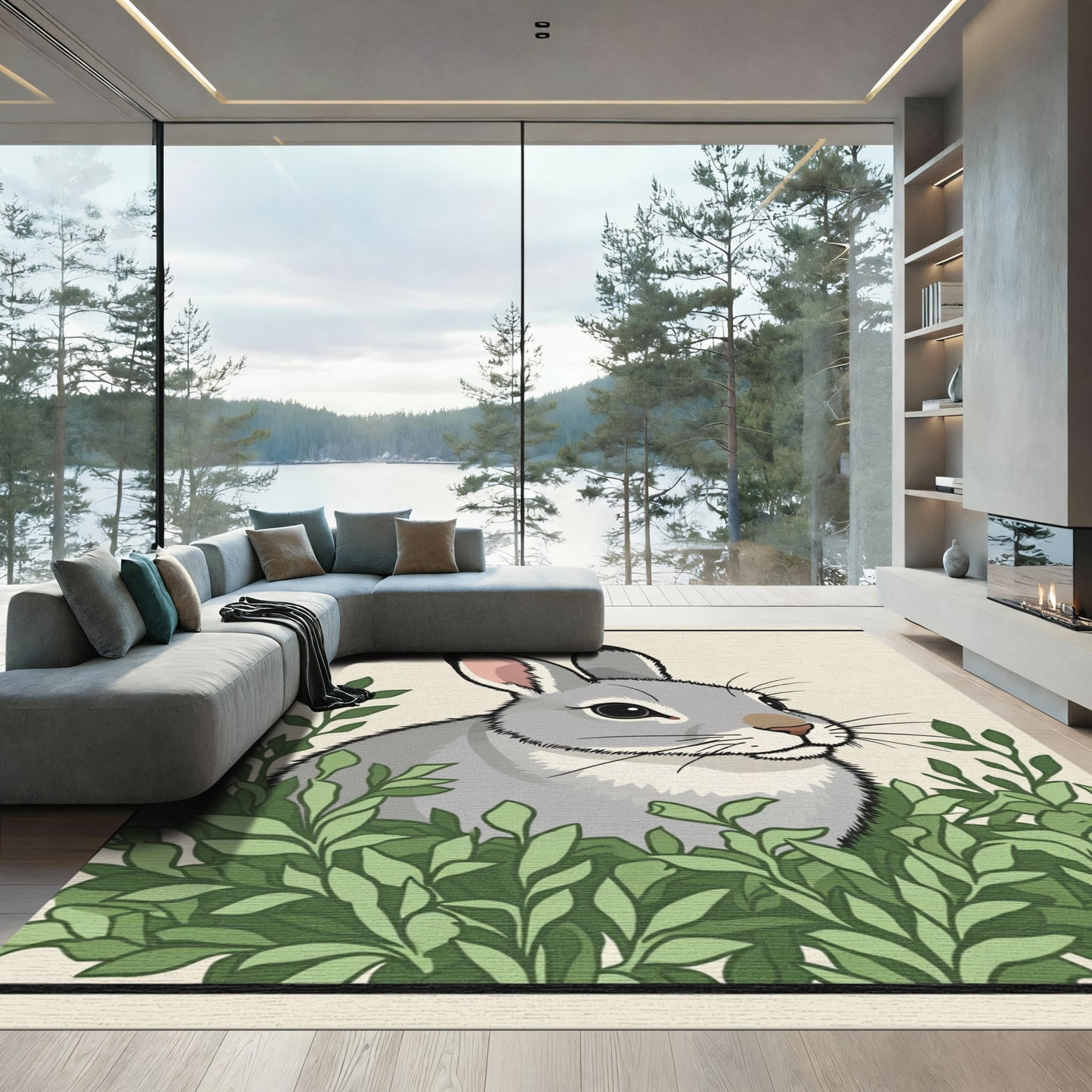 Gray Rabbit Amongst Lush Green Leaves Rug