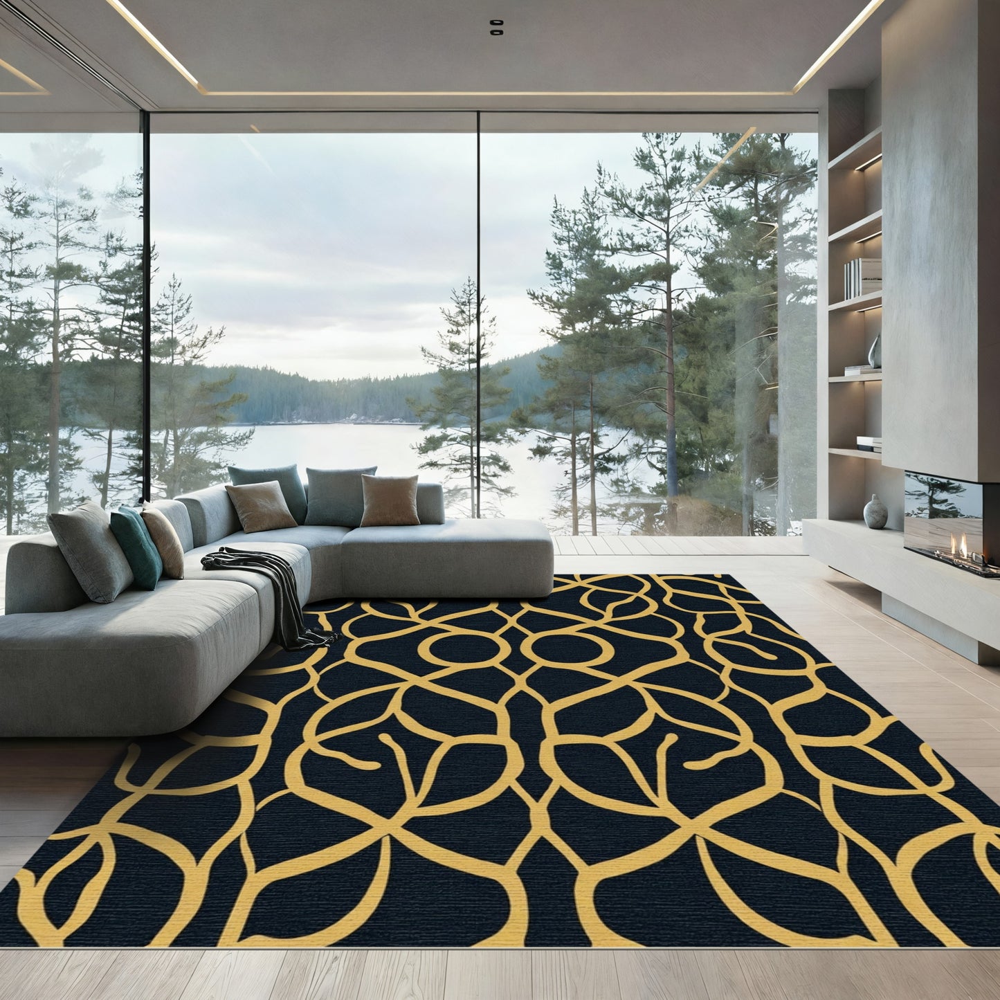 Golden Interlocking Vine Lattice Rug